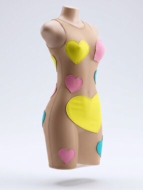 Sleeveless Beige Mesh Bodycon Dress with Colorful Heart Appliqués